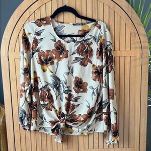West Kei Floral Tie-Front Blouse in Brown and Cream